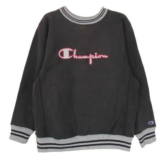 Champion チャンピオン 90s リブライン リバースウィーブ スウェット 刺繡タグ クルーネック ブラック系 M【中古】