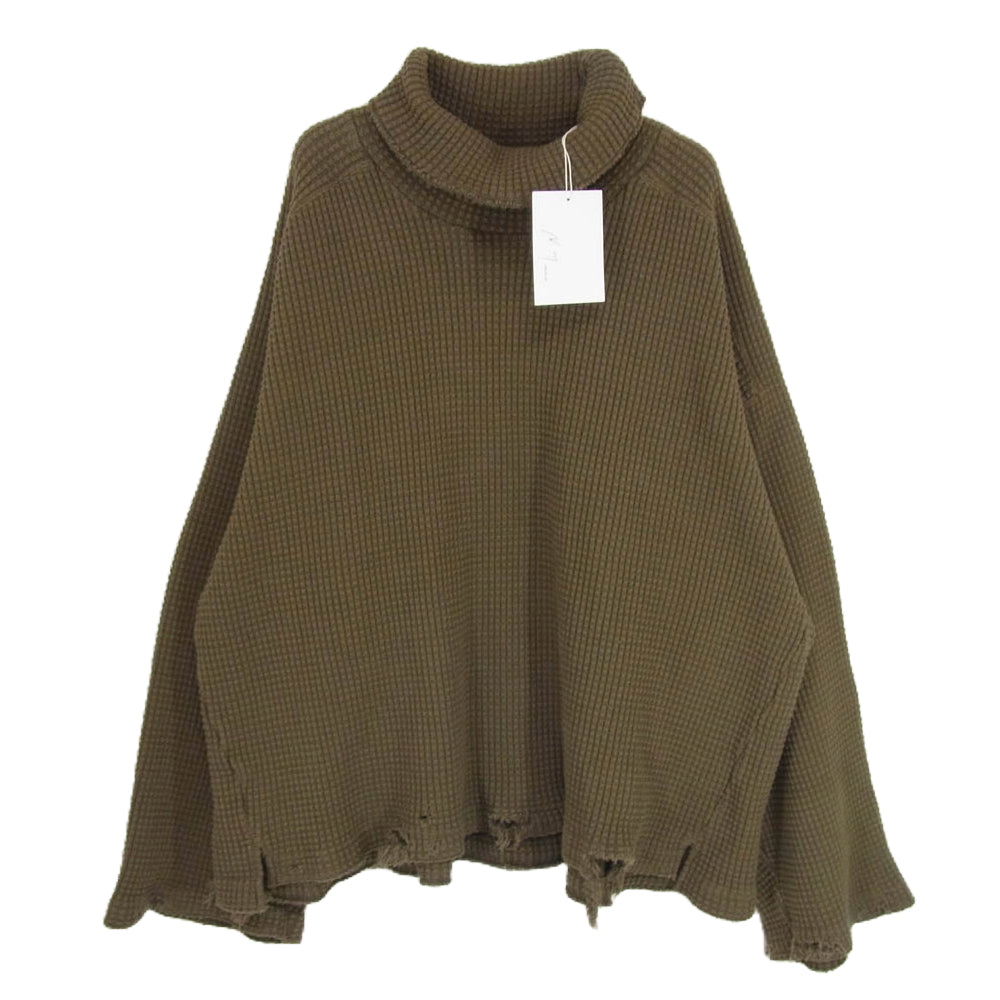 ANCELLM アンセルム ANC-CT73 HEAVYWAFFLE DAMAGE LS T-SHIRT ヘビー ワッフル ダメージ加工 長袖 タートルネック カットソー オリーブ系 1【極上美品】【中古】