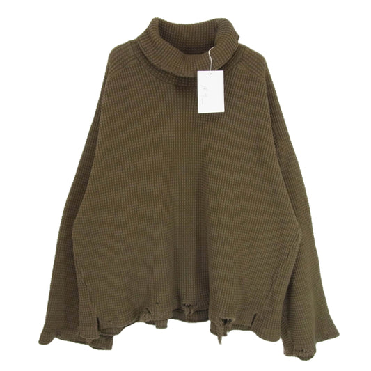 ANCELLM アンセルム ANC-CT73 HEAVYWAFFLE DAMAGE LS T-SHIRT ヘビー ワッフル ダメージ加工 長袖 タートルネック カットソー オリーブ系 1【極上美品】【中古】
