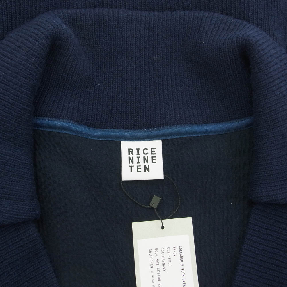 ライスナインテン COLLARED V NECK SWETER Vネック プルオーバー ニット セーター ネイビー系 FREE【新古品】【未使用】【中古】