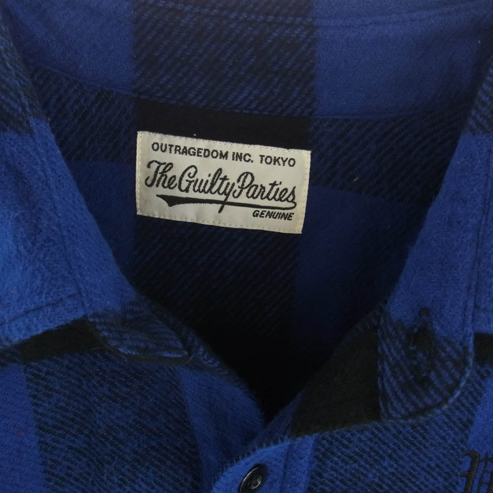 WACKO MARIA ワコマリア 24SS BLOCK CHECK FLANNEL SHIRT ロゴ刺繍 ブロックチェック フランネル シャツ ブラック系 ブルー系 L【中古】