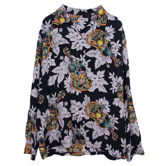 SUN SURF サンサーフ SS28019 UKULELE MELODY L/S RAYON HAWAIIAN SHIRT 洋柄 長袖 アロハ ハワイアン シャツ ブラック系 L【中古】