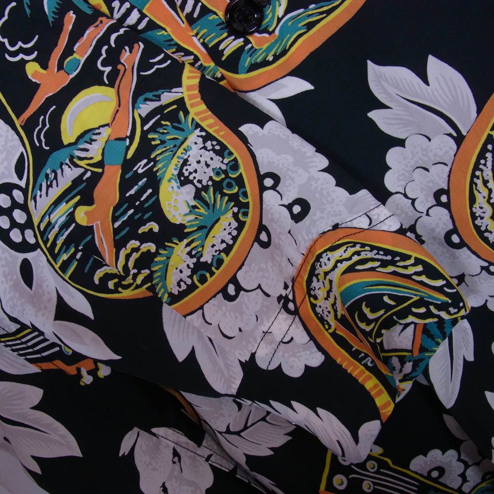SUN SURF サンサーフ SS28019 UKULELE MELODY L/S RAYON HAWAIIAN SHIRT 洋柄 長袖 アロハ ハワイアン シャツ ブラック系 L【中古】