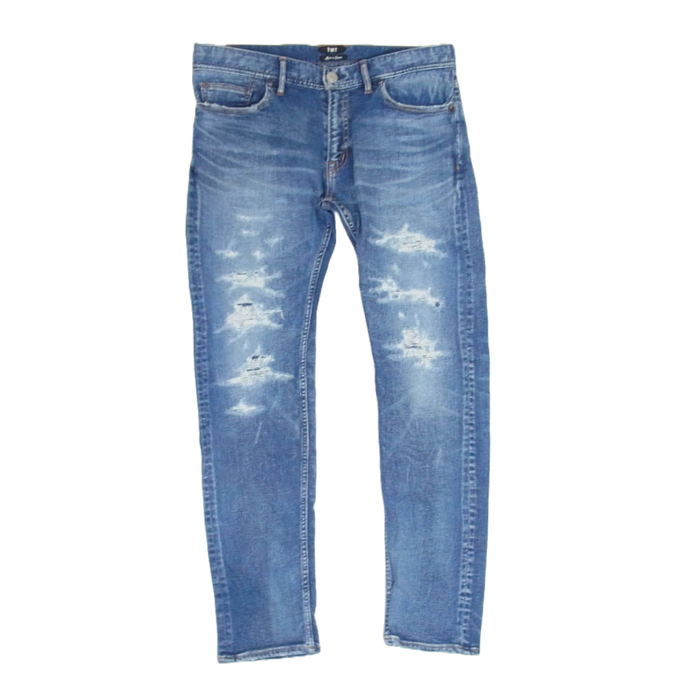 TMT ティーエムティー TPT-F2105 HYBRID-STRETCH DENIM 5P TIGHT TAPERED ダメージ加工 テーパード デニム パンツ インディゴブルー系 L【中古】