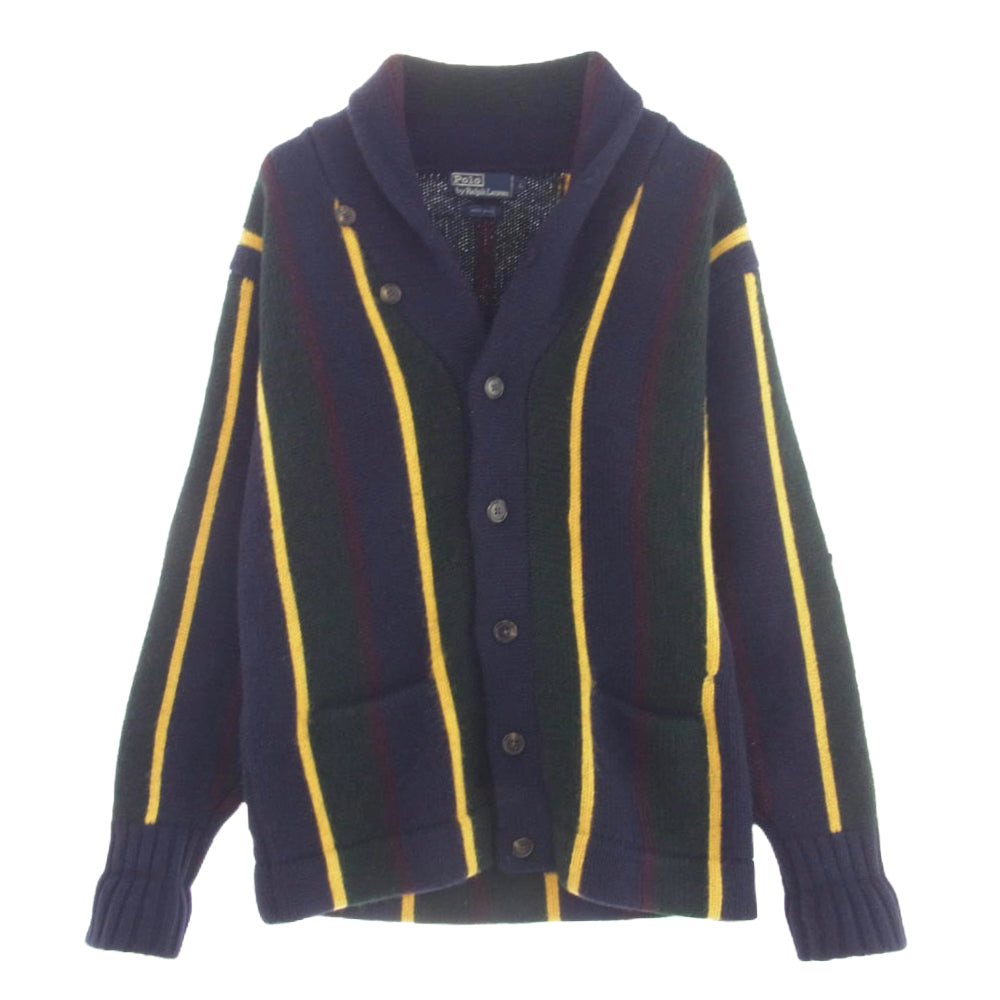 POLO RALPH LAUREN ポロ・ラルフローレン STRIPE CARDIGAN WOOL ウール100％ 厚手 ショールカラー ニット カーディガン ネイビー系 L【中古】