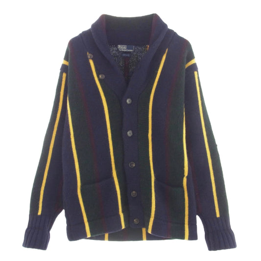 POLO RALPH LAUREN ポロ・ラルフローレン STRIPE CARDIGAN WOOL ウール100％ 厚手 ショールカラー ニット カーディガン ネイビー系 L【中古】