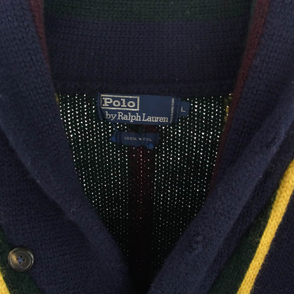 POLO RALPH LAUREN ポロ・ラルフローレン STRIPE CARDIGAN WOOL ウール100％ 厚手 ショールカラー ニット カーディガン ネイビー系 L【中古】