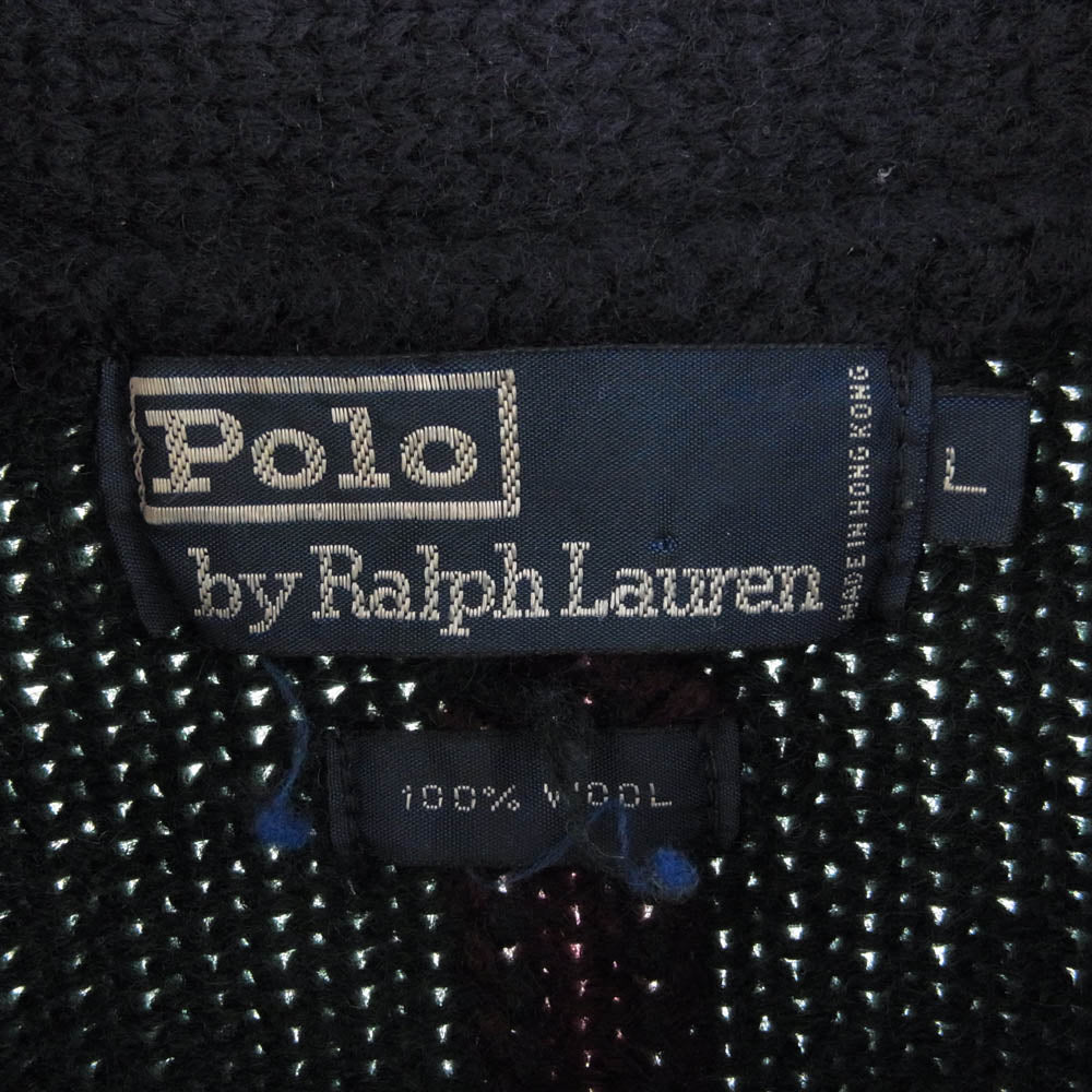 POLO RALPH LAUREN ポロ・ラルフローレン STRIPE CARDIGAN WOOL ウール100％ 厚手 ショールカラー ニット カーディガン ネイビー系 L【中古】