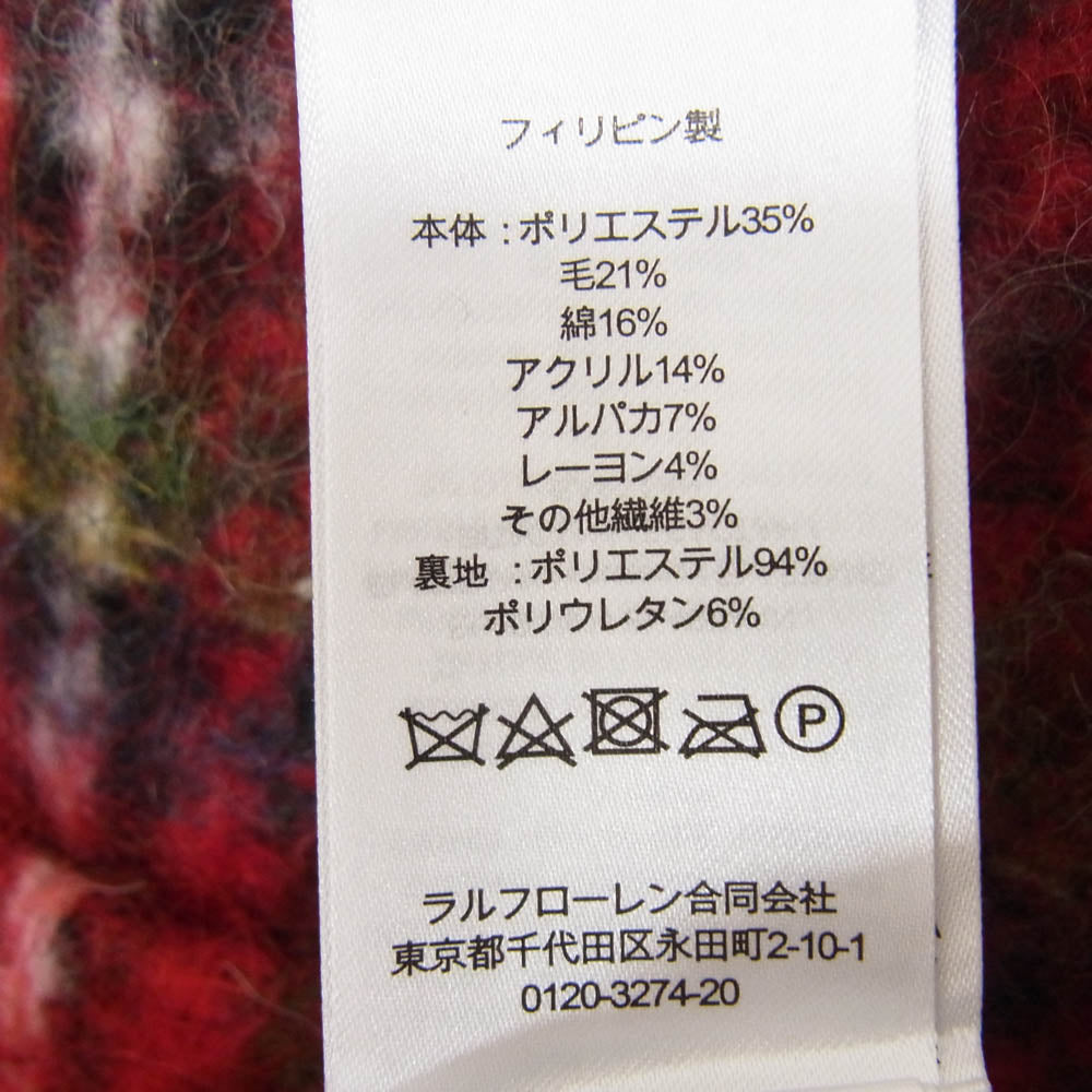 ローレンラルフローレン プレイド モヘア チェック ノーカラー ジャケット レッド系 0 【極上美品】【中古】
