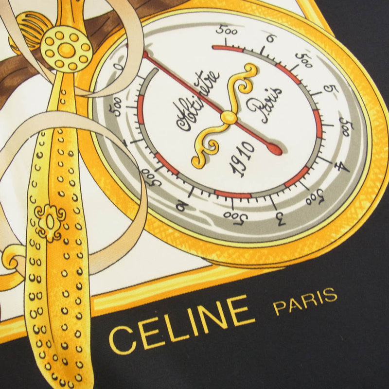 CELINE セリーヌ シルク100% 気球柄 飛行艇柄 スカーフ ブラック系【中古】