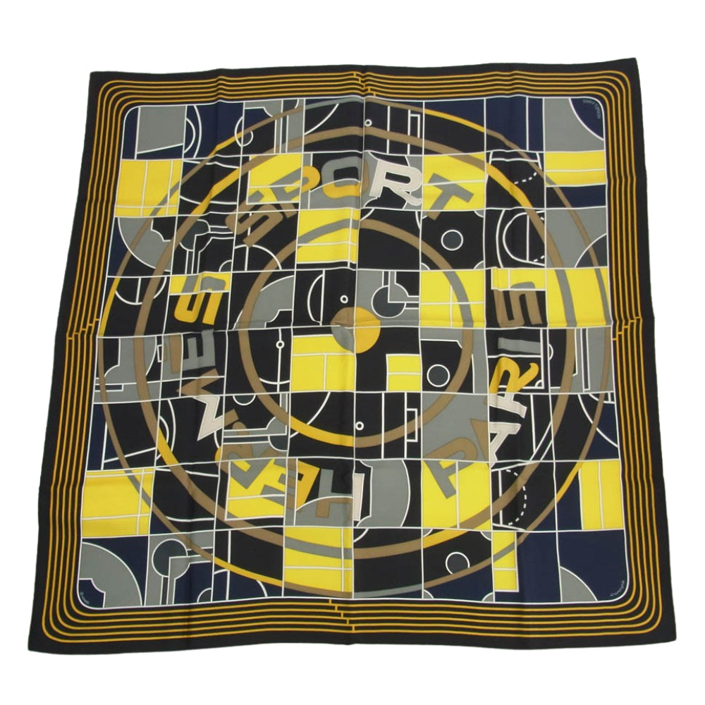 HERMES エルメス シルク100% SPORT エルメススポーツ カレ90? スカーフ ブラック系 グレー系 マルチカラー系【中古】
