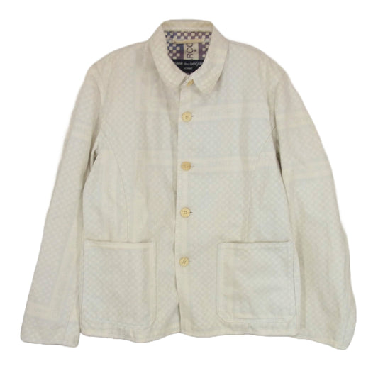 COMME des GARCONS HOMME コムデギャルソンオム HM-J033 田中オム デカタグ AD2003 裏地ロゴ総柄 丸襟 デニム シャツ ジャケット オフホワイト系 M【中古】
