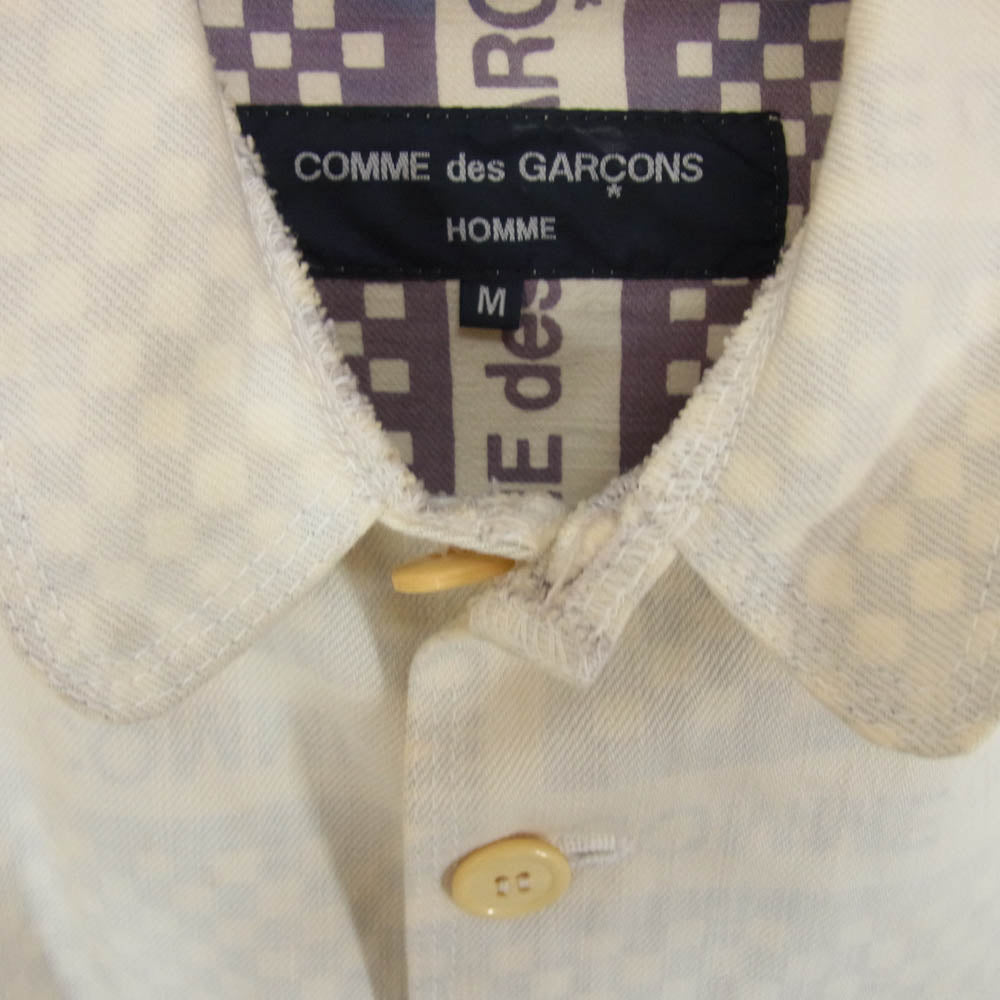 COMME des GARCONS HOMME コムデギャルソンオム HM-J033 田中オム デカタグ AD2003 裏地ロゴ総柄 丸襟 デニム シャツ ジャケット オフホワイト系 M【中古】
