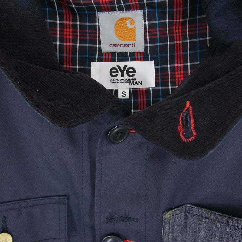 Carhartt カーハート WS-J908 eYe JUNYA WATANABE COMME DES GARCONS MAN アイ ジュンヤワタナベ コムデギャルソン マン ロゴ フード付き 裏地チェック シャツ ジャケット ネイビー系 S【中古】