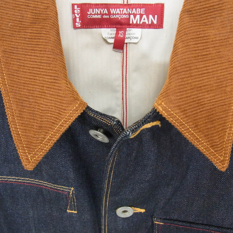 JUNYA WATANABE COMME des GARCONS MAN ジュンヤワタナベコムデギャルソンマン 12AW WJ-J201 × Levi’s リーバイス 襟コーデュロイ レザーポケット カバーオール デニム ジャケット インディゴブルー系 XS【中古】