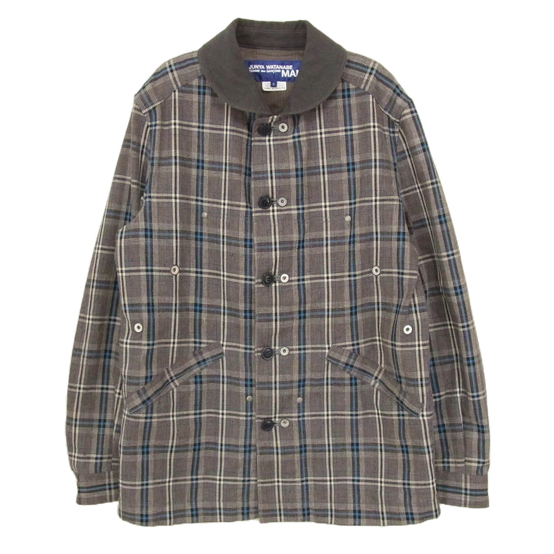 JUNYA WATANABE COMME des GARCONS MAN ジュンヤワタナベコムデギャルソンマン WM-J001 スナップボタン 丸襟 チェック シャツ ジャケット ブラウン系 S【中古】