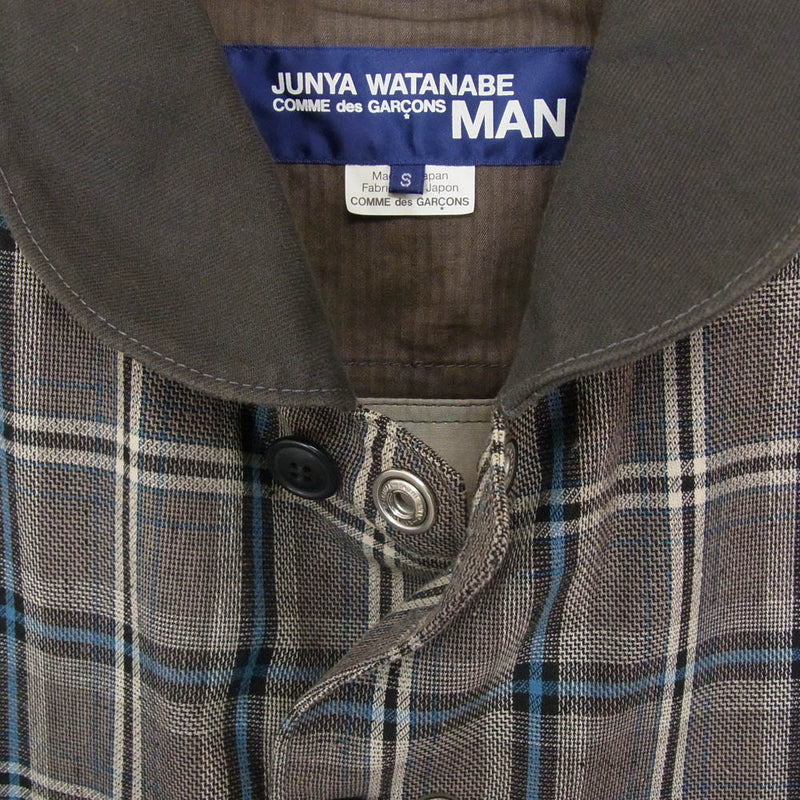 JUNYA WATANABE COMME des GARCONS MAN ジュンヤワタナベコムデギャルソンマン WM-J001 スナップボタン 丸襟 チェック シャツ ジャケット ブラウン系 S【中古】