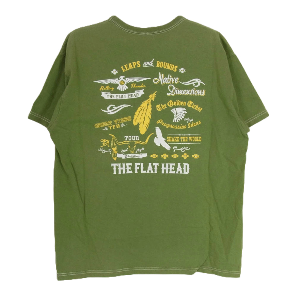 THE FLAT HEAD ザフラットヘッド THC-156W DIMENSIONS ヘビー コットン バック プリント 半袖 Tシャツ グリーン系 42【中古】