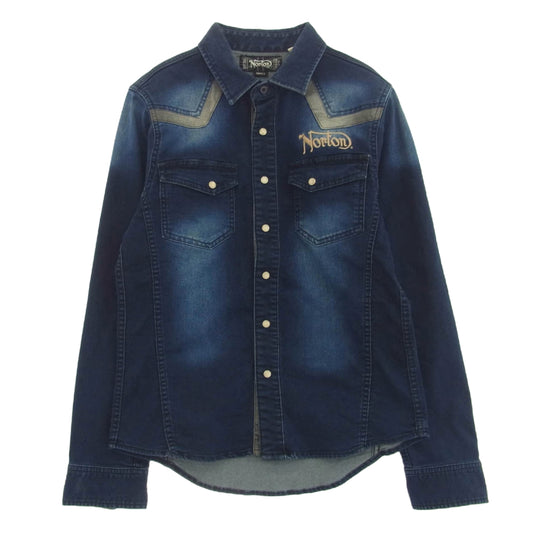 NORTON ノートン ユーズド加工 ストレッチ ロゴ刺繍 ウエスタン シャツ 長袖 インディゴブルー系 S【中古】