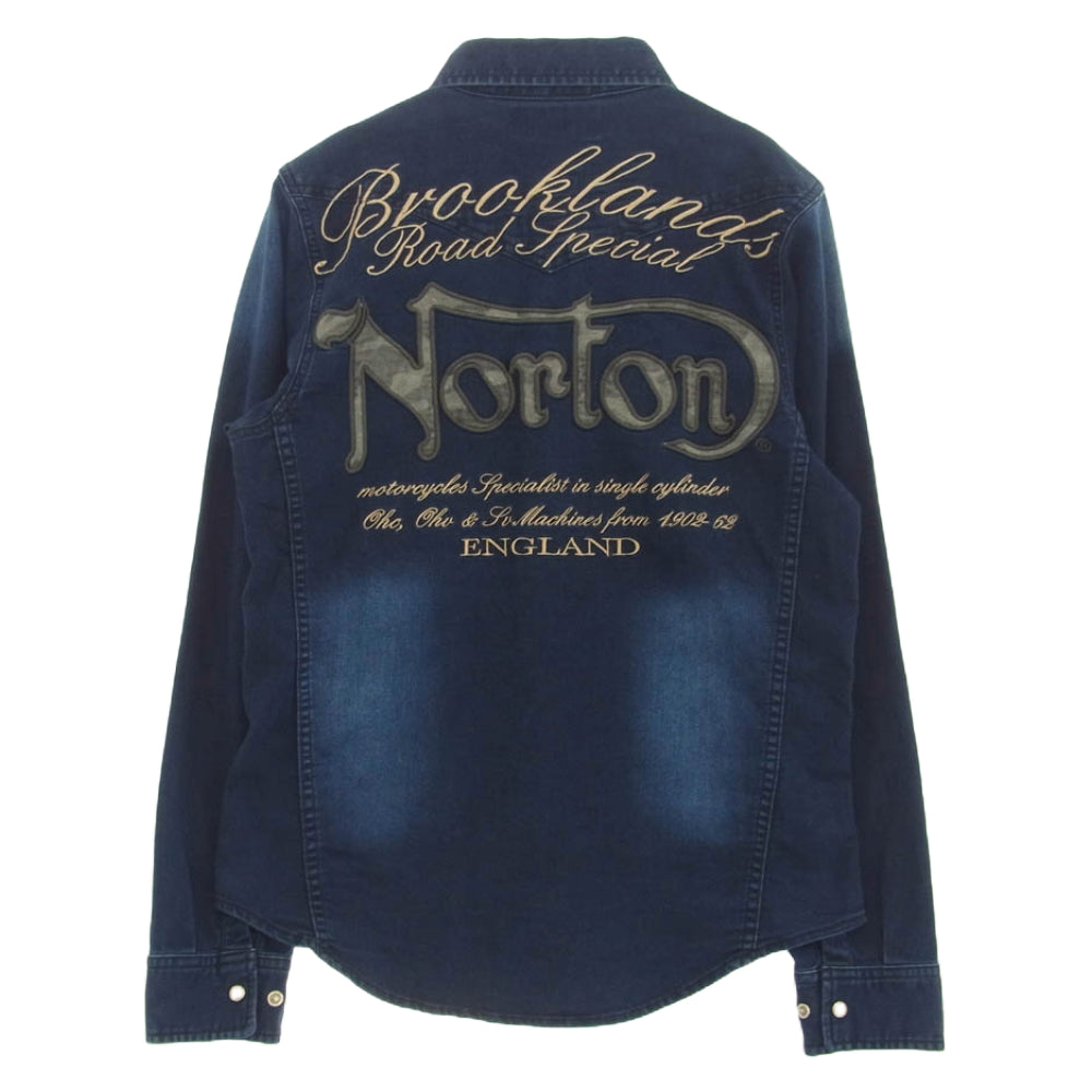 NORTON ノートン ユーズド加工 ストレッチ ロゴ刺繍 ウエスタン シャツ 長袖 インディゴブルー系 S【中古】