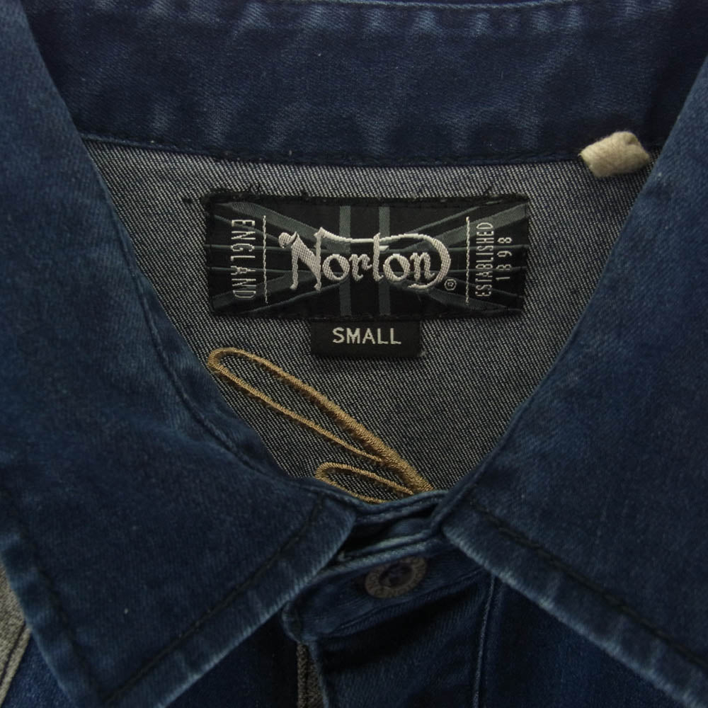 NORTON ノートン ユーズド加工 ストレッチ ロゴ刺繍 ウエスタン シャツ 長袖 インディゴブルー系 S【中古】