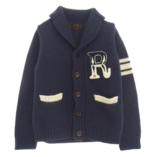 THE FLAT HEAD ザフラットヘッド ワッペン デザイン ウール ニット カーディガン ネイビー系 36【中古】