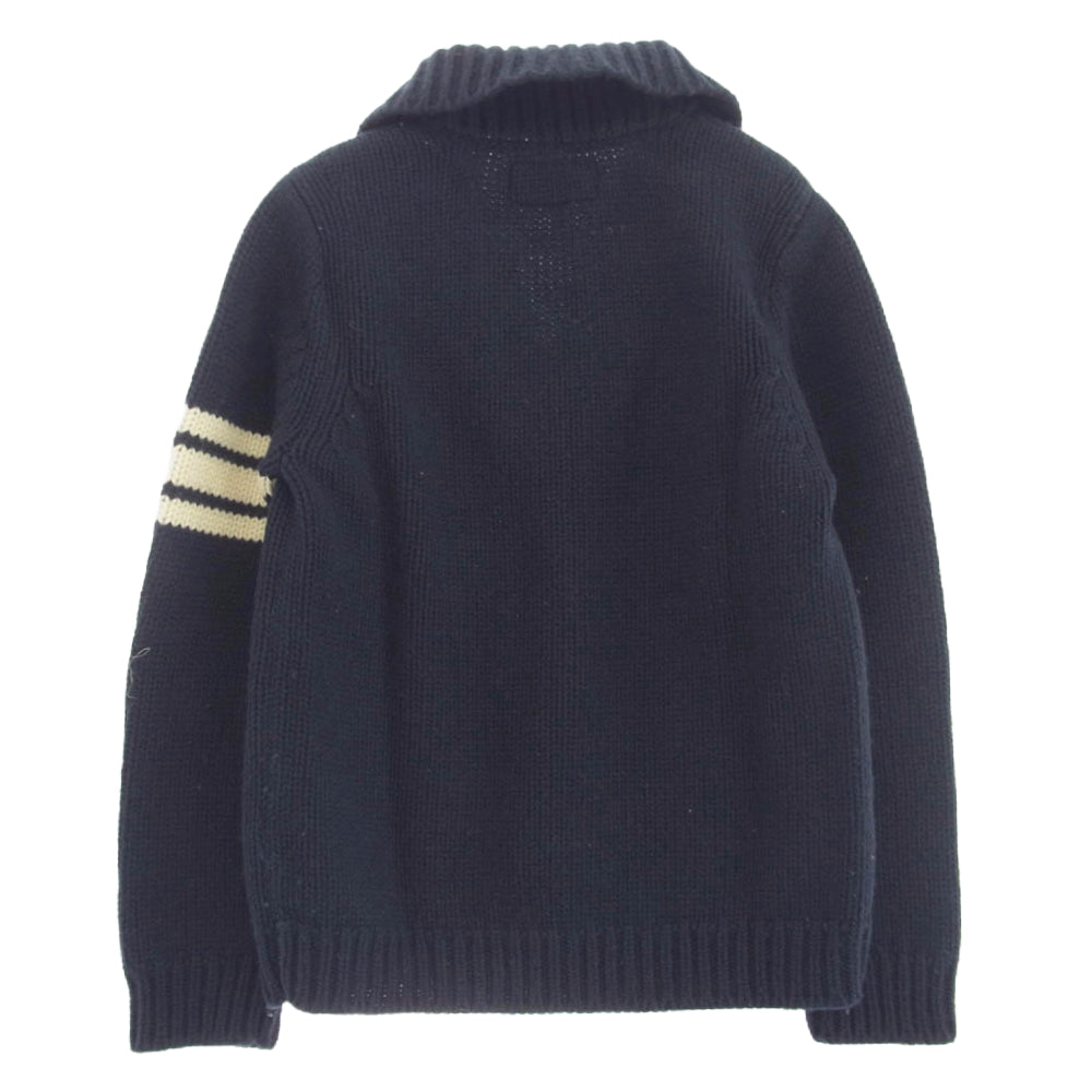THE FLAT HEAD ザフラットヘッド ワッペン デザイン ウール ニット カーディガン ネイビー系 36【中古】