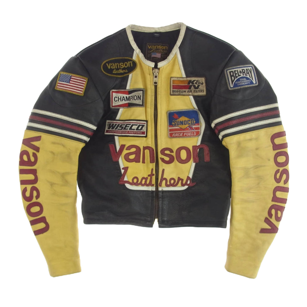 VANSON バンソン RJV レザー レーシング ジャケット ワンスター ワッペン ブラック系 36【中古】