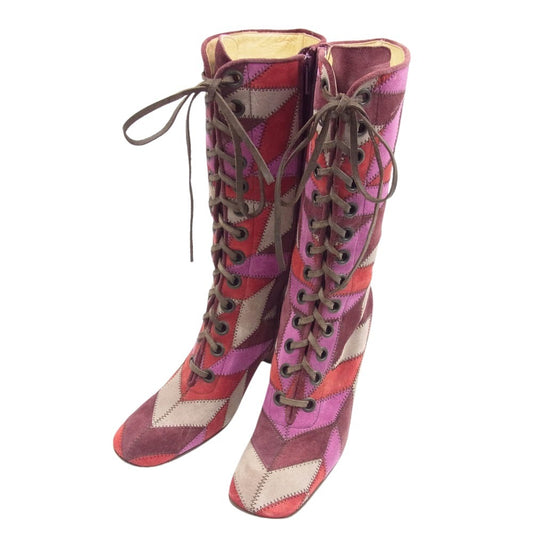 MIUMIU ミュウミュウ パッチワーク 13ホール ヒールブーツ ワインレッド系 ピンク系 36【中古】