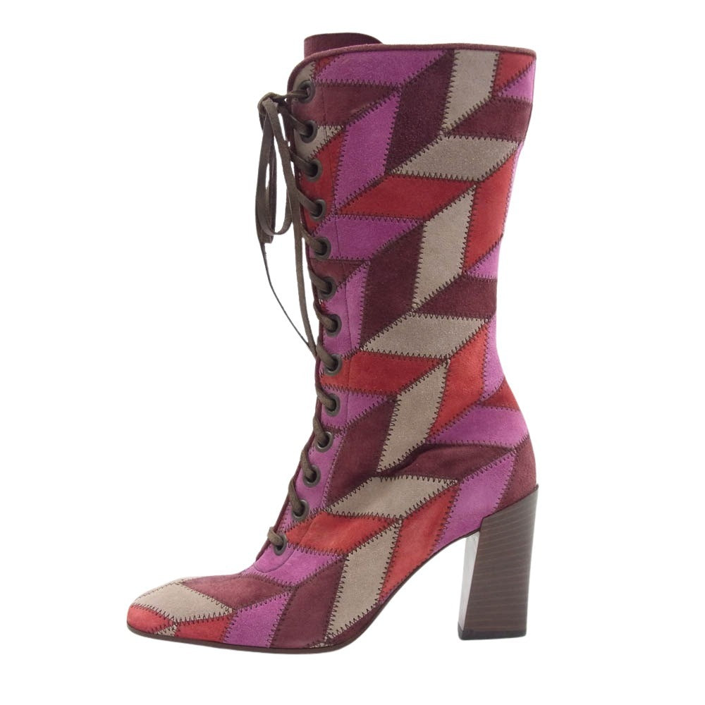 MIUMIU ミュウミュウ パッチワーク 13ホール ヒールブーツ ワインレッド系 ピンク系 36【中古】