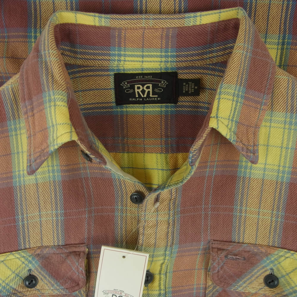 RRL ダブルアールエル チェック柄 フランネル 長袖 シャツ レッド系 オレンジ系 イエロー系 M【新古品】【未使用】【中古】