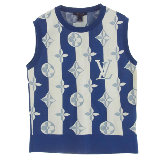 LOUIS VUITTON ルイ・ヴィトン シルク混 コットン ストライプ モノグラム ニット ベスト ブルー系 ホワイト系 L【中古】