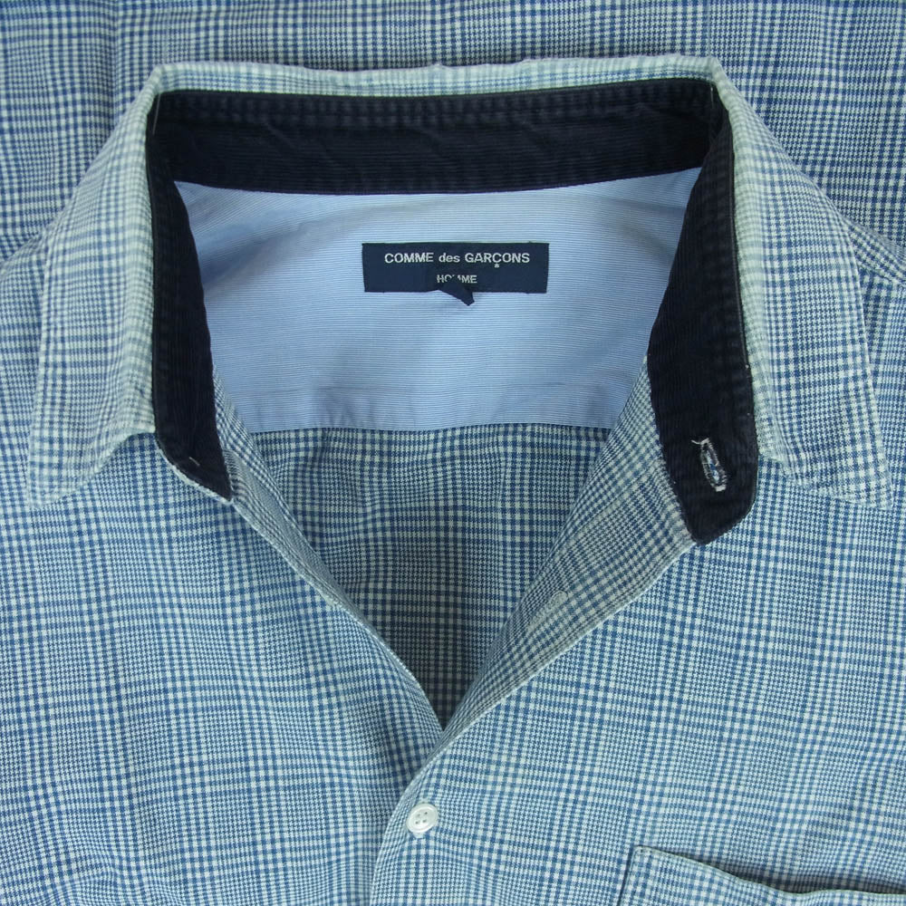 COMME des GARCONS HOMME コムデギャルソンオム 袖口 コーデュロイ切替 長袖 シャツ チェック柄 ライトブルー系 ホワイト系 S【中古】