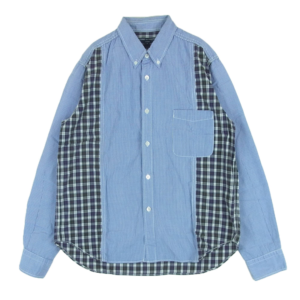 COMME des GARCONS HOMME コムデギャルソンオム チェック柄 切替 ボタンダウン 長袖 シャツ ライトブルー系 ネイビー系 S【中古】