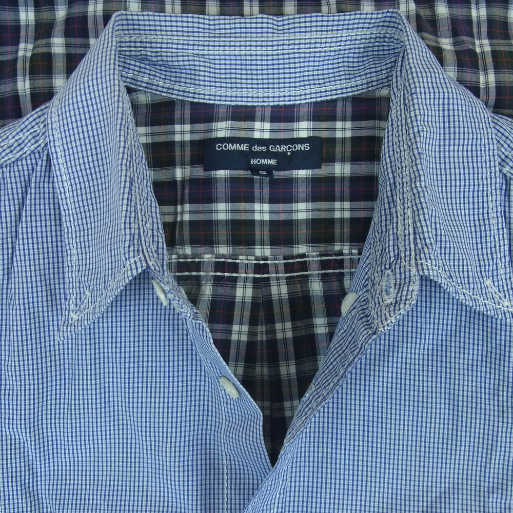 COMME des GARCONS HOMME コムデギャルソンオム チェック柄 切替 ボタンダウン 長袖 シャツ ライトブルー系 ネイビー系 S【中古】