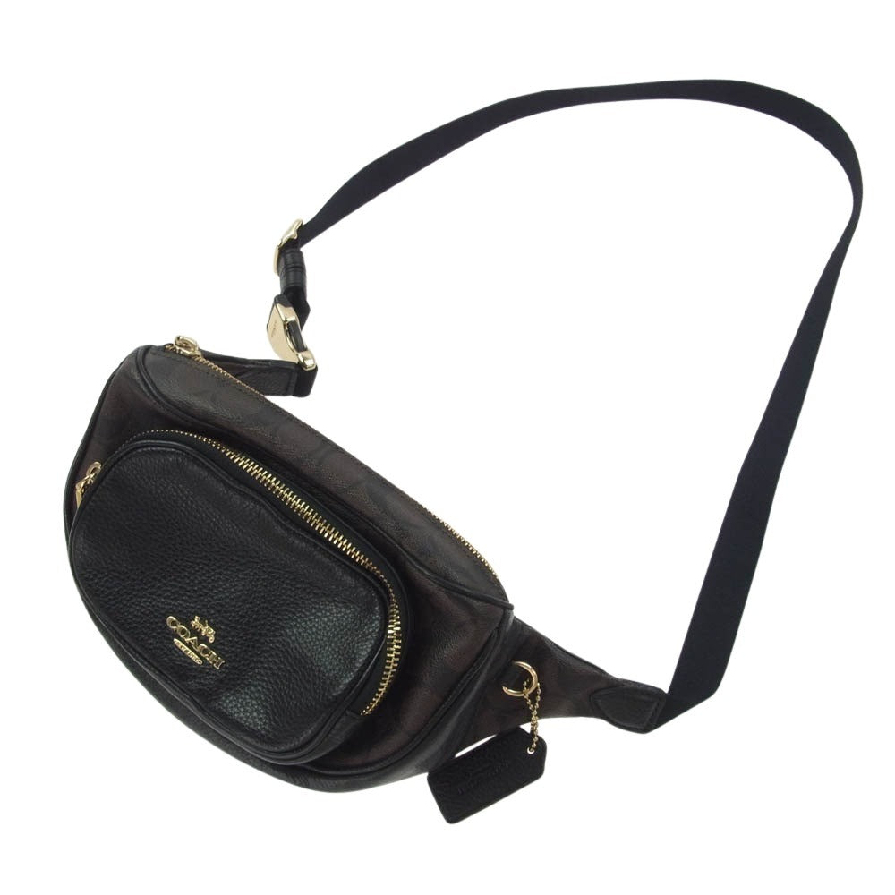 COACH コーチ レザー ウエスト ポーチ ショルダー バッグ シグネチャー柄 ブラック系 ブラウン系【中古】