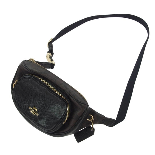 COACH コーチ レザー ウエスト ポーチ ショルダー バッグ シグネチャー柄 ブラック系 ブラウン系【中古】
