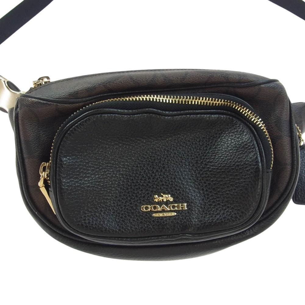 COACH コーチ レザー ウエスト ポーチ ショルダー バッグ シグネチャー柄 ブラック系 ブラウン系【中古】