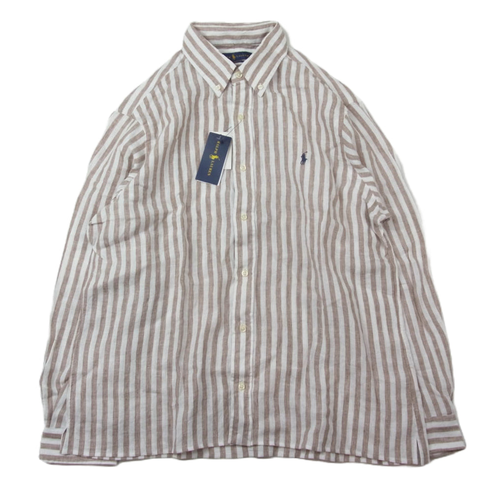 POLO RALPH LAUREN ポロ・ラルフローレン リネン100％ ボタンダウン ストライプ柄 長袖 シャツ ベージュ系 ホワイト系 L【新古品】【未使用】【中古】