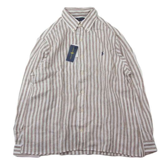 POLO RALPH LAUREN ポロ・ラルフローレン リネン100％ ボタンダウン ストライプ柄 長袖 シャツ ベージュ系 ホワイト系 L【新古品】【未使用】【中古】
