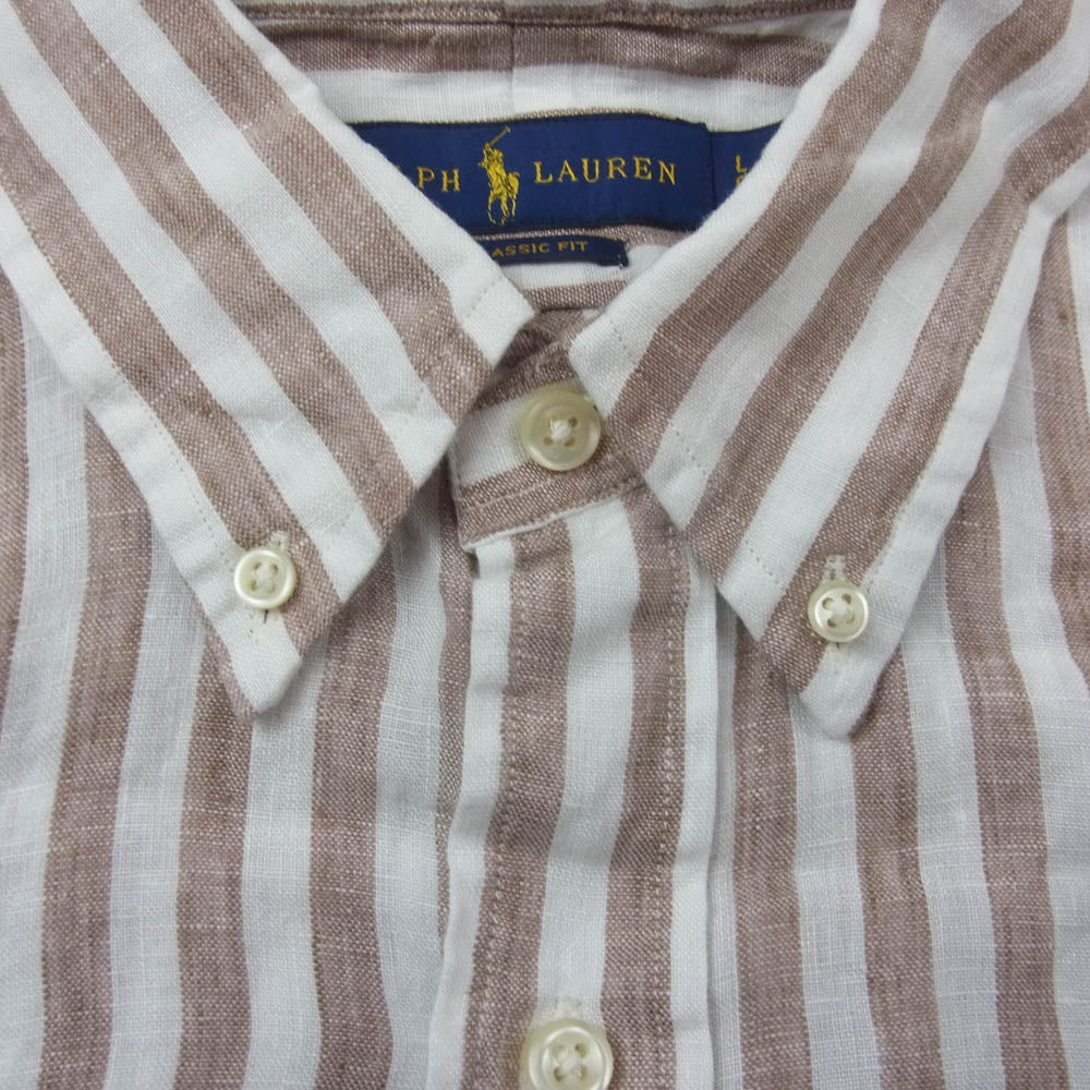 POLO RALPH LAUREN ポロ・ラルフローレン リネン100％ ボタンダウン ストライプ柄 長袖 シャツ ベージュ系 ホワイト系 L【新古品】【未使用】【中古】