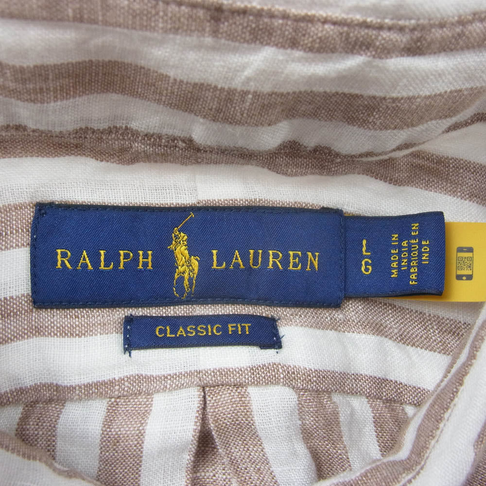 POLO RALPH LAUREN ポロ・ラルフローレン リネン100％ ボタンダウン ストライプ柄 長袖 シャツ ベージュ系 ホワイト系 L【新古品】【未使用】【中古】