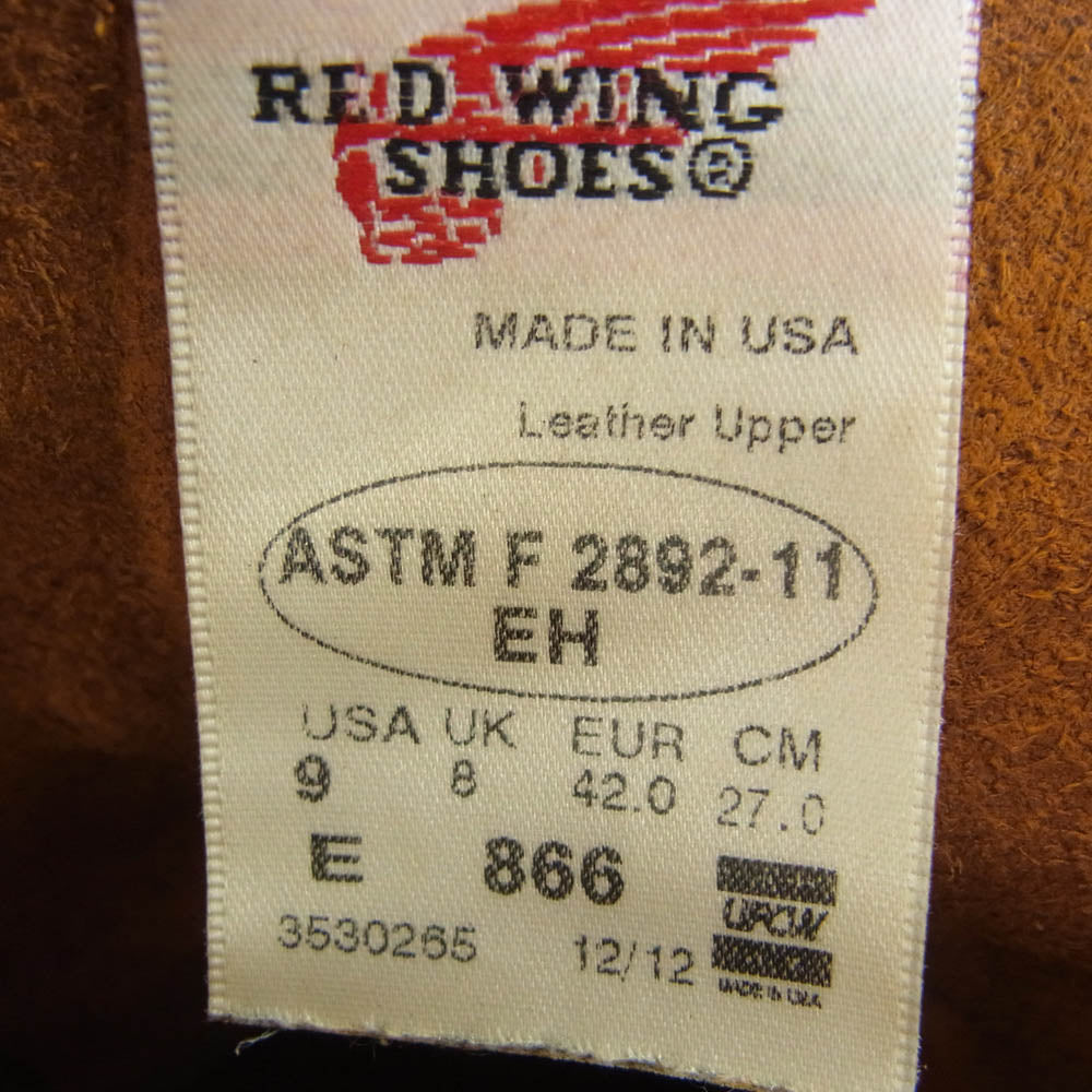 RED WING レッドウィング 866 Pecos BOOTS ペコスブーツ US9 ライトブラウン系 27.0cm【中古】