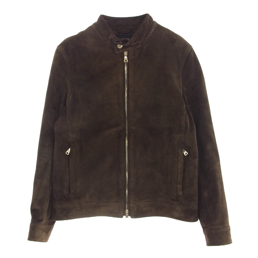 EMMETI エンメティ JURI SPECIAL CALF SUEDE ユリ スペシャルカーフ ゴールド金具 スエード シングル ライダース 牛革 ダブルジップ レザージャケット ブラウン系 46【中古】