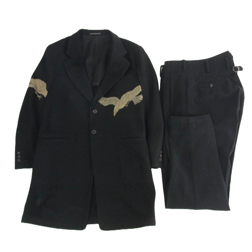 Yohji Yamamoto POUR HOMME ヨウジヤマモトプールオム 11AW HP-J74-128 アーカイブ 烏抜染 ウール ロングジャケット オリジナル カラス抜染 コート シンチバッグ テーパードパンツ セットアップ ブラック系 ジャケット:1　パンツ:2【中古】