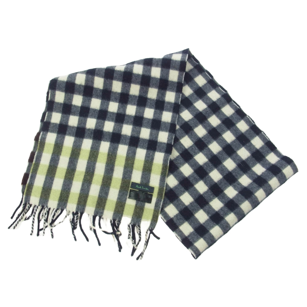 Paul Smith ポール・スミス ラムウール アンゴラ チェック 柄 フリンジ マフラー オフホワイト系 ネイビー系【中古】