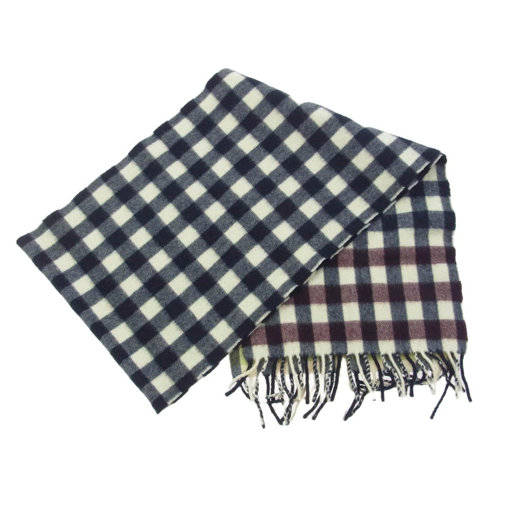 Paul Smith ポール・スミス ラムウール アンゴラ チェック 柄 フリンジ マフラー オフホワイト系 ネイビー系【中古】