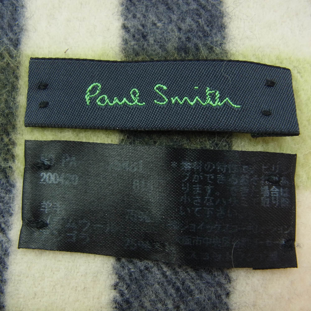 Paul Smith ポール・スミス ラムウール アンゴラ チェック 柄 フリンジ マフラー オフホワイト系 ネイビー系【中古】