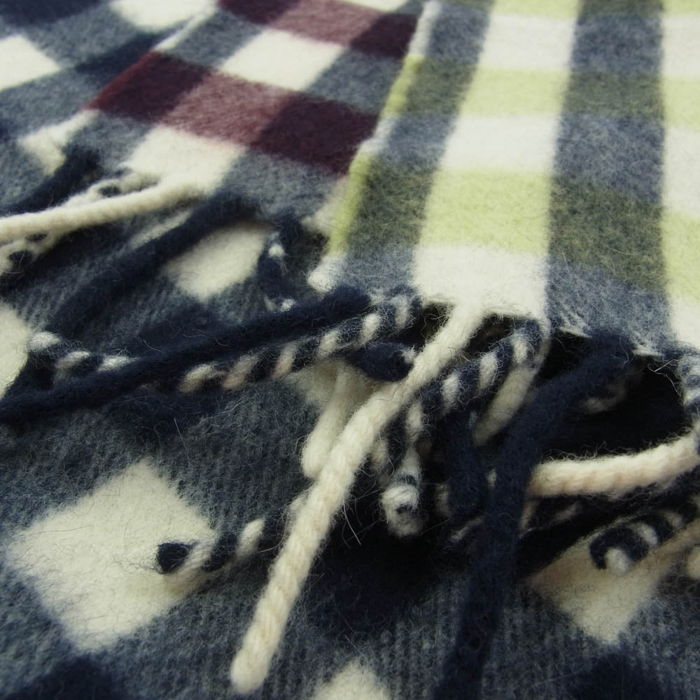Paul Smith ポール・スミス ラムウール アンゴラ チェック 柄 フリンジ マフラー オフホワイト系 ネイビー系【中古】