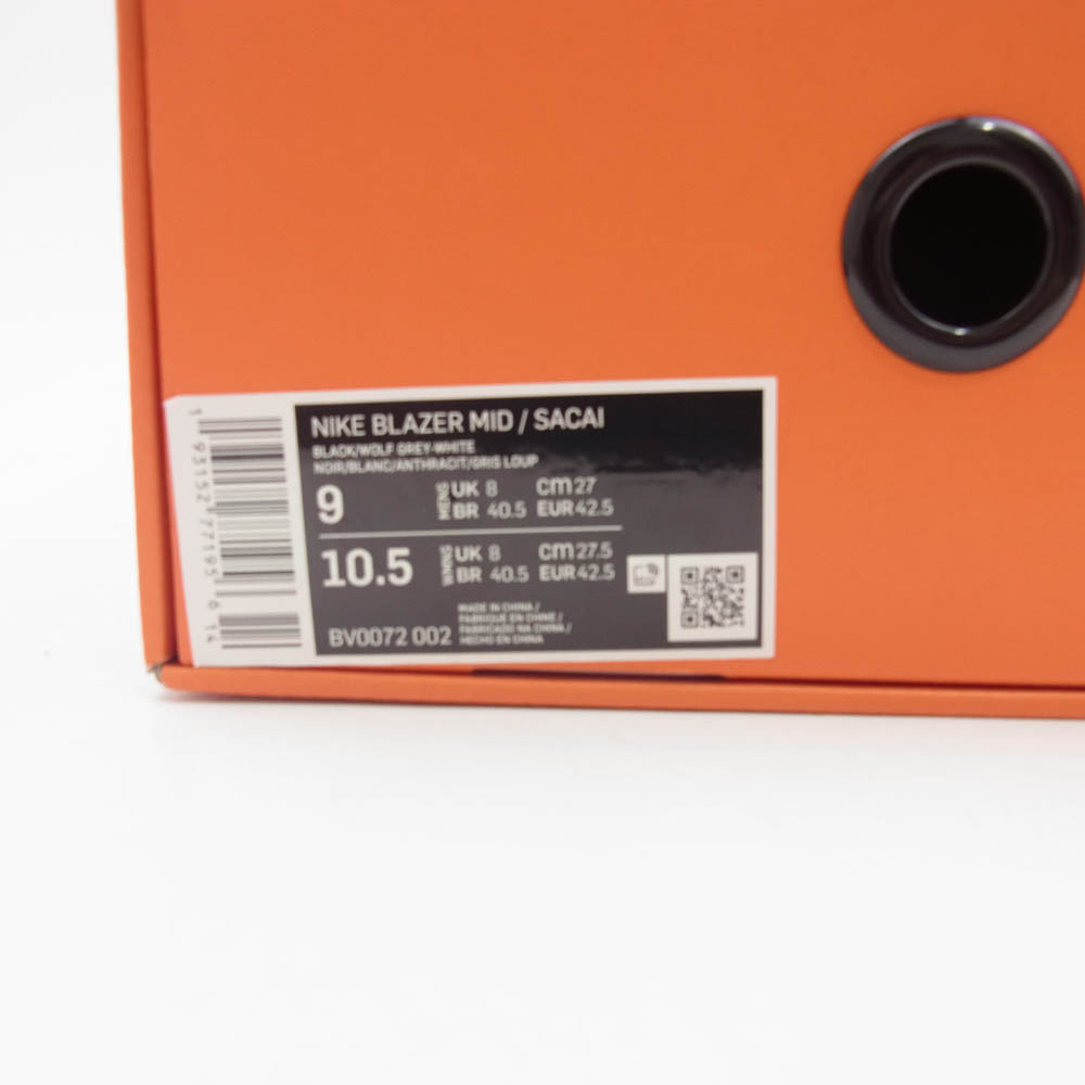 NIKE ナイキ BV0072-002 × sacai サカイ BLAZER MID BLACK WOLF GREY WHITE ブレーザーミッド ブラック ウルフグレー ホワイト スニーカー グレー系 ブラック系 27cm【新古品】【未使用】【中古】